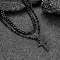 Cuban Chain & Cross Pendant Layered Necklace Set for Men Women