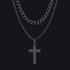 Cuban Chain & Cross Pendant Layered Necklace Set for Men Women
