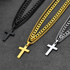 Cuban Chain & Cross Pendant Layered Necklace Set for Men Women