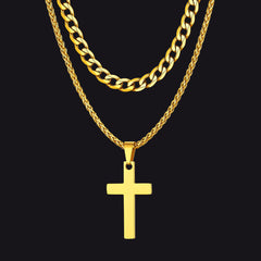 Cuban Chain & Cross Pendant Layered Necklace Set for Men Women