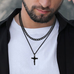 Conjunto de colar feminino com corrente cubana e crucifixo Jesus