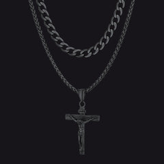 Conjunto de colar em camadas com corrente cubana e cruz de Jesus para aniversário