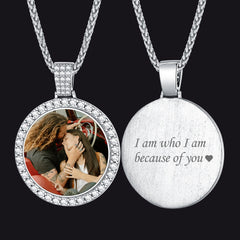 Colar com pingente de foto personalizado em círculo com zircônia cúbica masculina