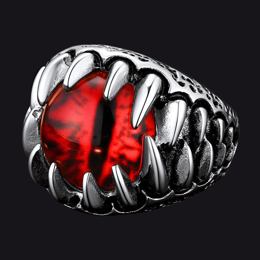 Anel masculino com dentes de dragão gótico e olhos vermelhos malignos