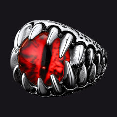 Anel masculino com dentes de dragão gótico e olhos vermelhos malignos