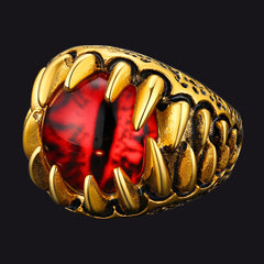 Anel masculino com dentes de dragão gótico e olhos vermelhos malignos