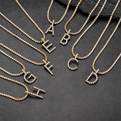 Initial Letter Pendant Necklace with Tennis Chain for Men Women