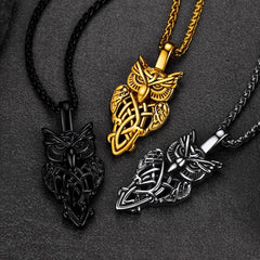 Colar com pingente de coruja celta e amuleto, joia masculina