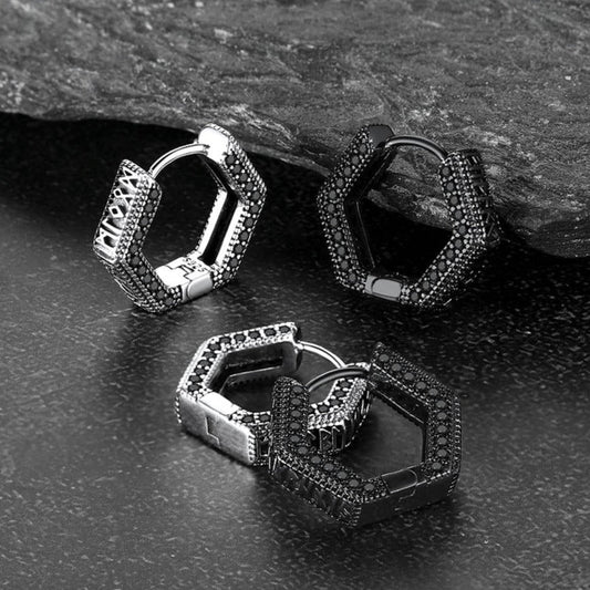 Brincos de argola Huggie com runas Viking Runas Viking Hexagonais para homens
