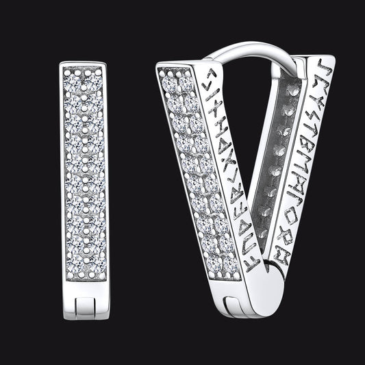 Brincos de argola triangulares com zircônia cúbica e runas vikings para homens