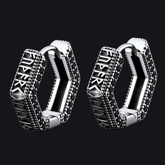 Brincos de argola Huggie com runas Viking Runas Viking Hexagonais para homens