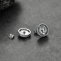 Brincos de pino com cabeça de lobo viking em prata esterlina com runa viking para homens