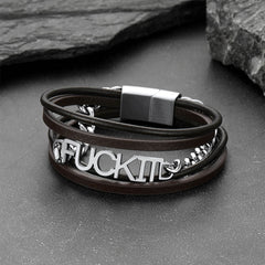 Pulseira de couro com corrente de aço vintage Fck It