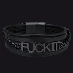Pulseira de couro com corrente de aço vintage Fck It