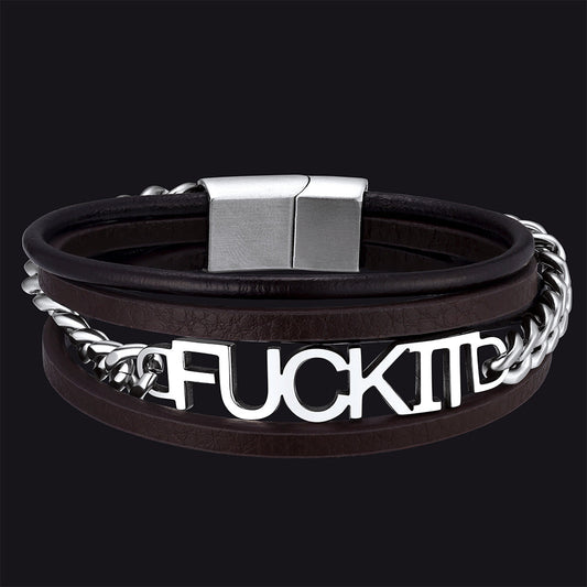 Pulseira de couro com corrente de aço vintage Fck It