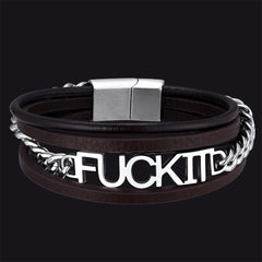 Pulseira de couro com corrente de aço vintage Fck It