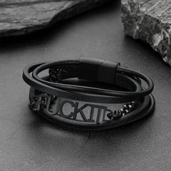 Pulseira de couro com corrente de aço vintage Fck It