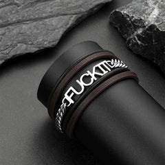 Pulseira de couro com corrente de aço vintage Fck It