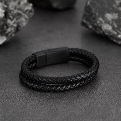 Pulseira Son com punho de couro trançado duplo preto personalizada e gravada