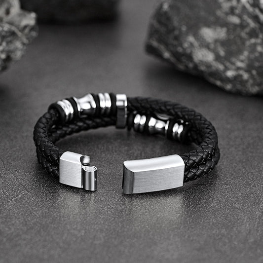 Pulseira masculina de couro trançado gravado para presente de aniversário