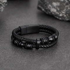 Pulseira de presente com punho de couro trançado preto gravado