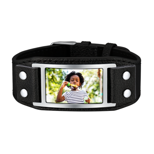Pulseira de couro preta com imagem personalizada
