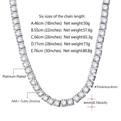 Colar de corrente de tênis com corte princesa de 4 mm e pedras CZ para mulheres