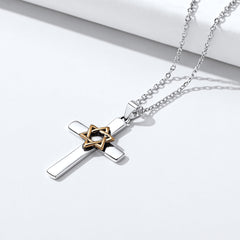 Colar com pingente de estrela de David e cruz de prata para homens e mulheres
