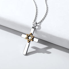Colar com pingente de estrela de David e cruz de prata para homens e mulheres