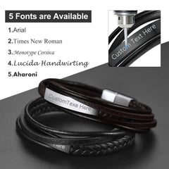 Pulseira personalizada de couro trançado com identificação para filho, pai e marido