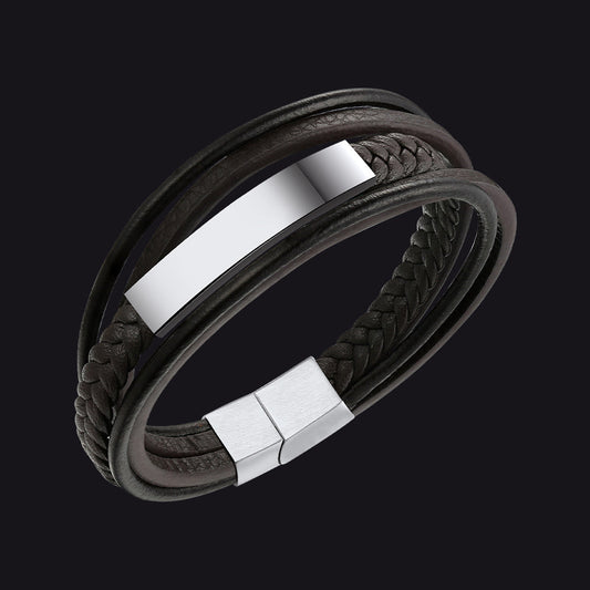 Pulseira personalizada de couro trançado com identificação para filho, pai e marido
