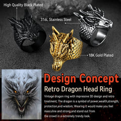 Punk Dragon Head Stainless Steel Ring Men