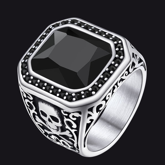 Gothic Skull Black Onyx Stone Signet Ring Men
