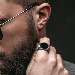 Anel de sinete redondo de ônix preta masculino em aço inoxidável