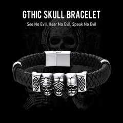 Pulseira de couro trançado com 3 caveiras góticas, presente para pai, filho e neto