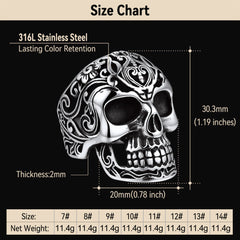 Anel masculino de aço inoxidável com caveira gótica e açúcar oco