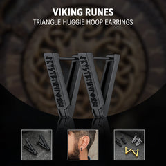 Triangle Huggie Hoop Earrings with Viking Runes For Men
