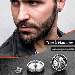 Brincos de pino Viking Rune de prata esterlina Viking Thors Hammer com runas em
