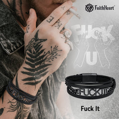 Pulseira de couro com corrente de aço vintage Fck It