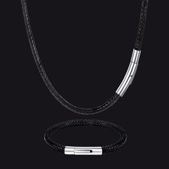 Conjunto de pulseira e colar com corrente de couro trançado