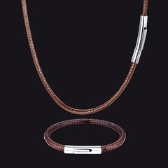 Conjunto de pulseira e colar com corrente de couro trançado