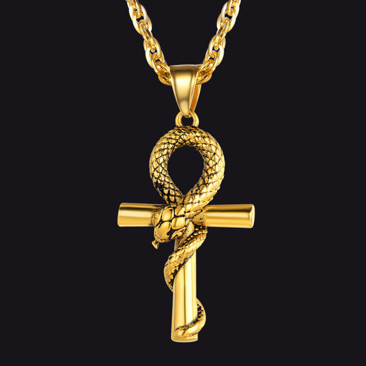 Colar de cruz de cobra Ankh, pingente de serpente egípcia antiga, masculino e feminino