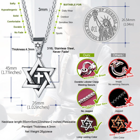 Colar masculino com cruz judaica e estrela de David