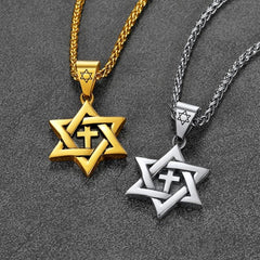 Colar masculino com cruz judaica e estrela de David