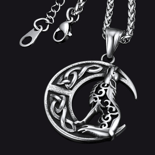 Colar com pingente de lobo celta viking lua crescente masculino