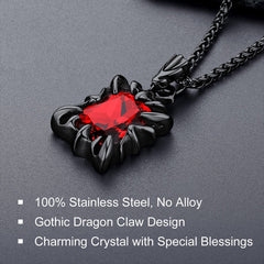 Colar masculino gótico com garra de dragão e cristal rubi