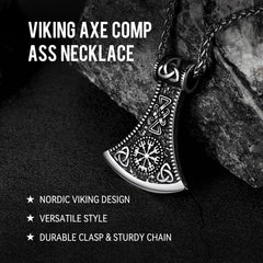 Colar com pingente Viking Battle Axe e bússola masculino