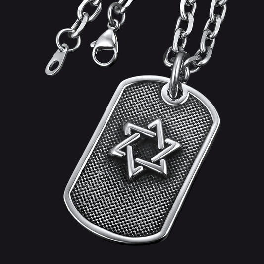 Colar masculino com placa de identificação com estrela de David judaica gravada