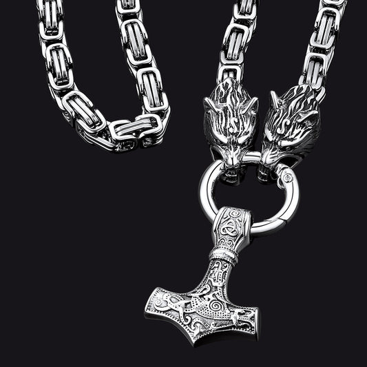 Colar Viking Mjolnir com Martelo de Thor e Corrente com Cabeça de Lobo