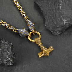 Colar Viking Mjolnir com Martelo de Thor e Corrente com Cabeça de Lobo